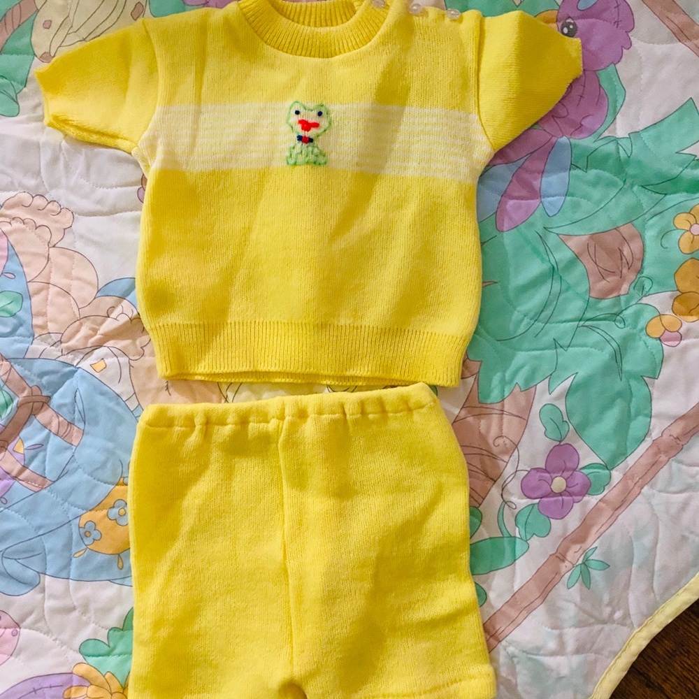 Bright yellow 2 piece sweater suit. Top and shorts